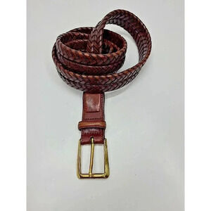 Vintage Lands' End Brown Leather Belt Men's Size 42 Braided Woven Brass Buckle
